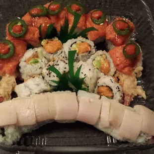 Mexican, spicy salmon and Miami rolls. Beautifully presented even though it&apos;s take-out