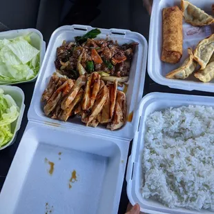 Meal for 2: chicken teriyaki + Mongolian beef + eggrolls+potstickers+ salad+rice