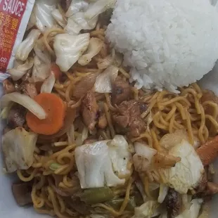 Chicken yakisoba.  Y 1 was also season just right.