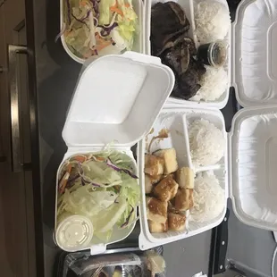 Takeout Kalbi Teriyaki, Tofu Teriyaki and Dragon Roll (bubble tea from Richmond Beach Coffee Co next door)