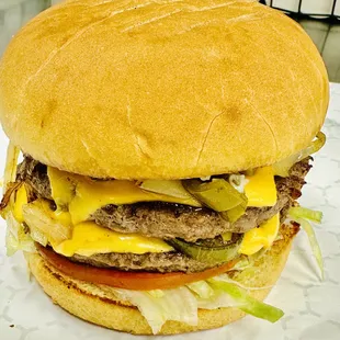 Big Burger with Jalapeños, Grilled onion, Lettuce, Tomato, Ketchup and Mustard