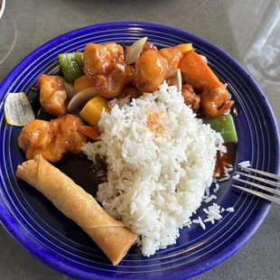 Sweet &amp; Sweet And Sour Pork lunch special. Soup, entree, spring roll, rice for $18.