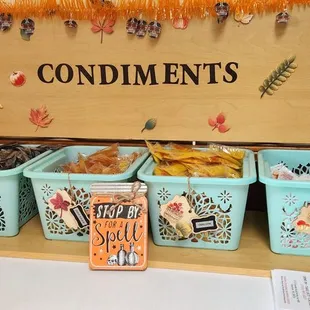 a table with containers of food