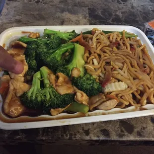 Chicken and Broccoli with pork fried lo mein