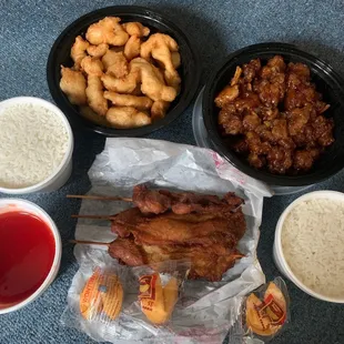 Sweet and sour chicken bowl, orange chicken bowl, teriyaki chicken sticks.