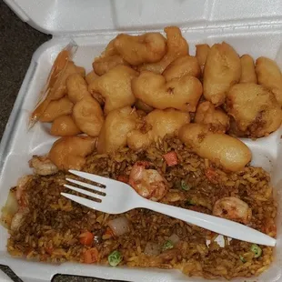 Sweet and sour chicken with shrimp fried rice