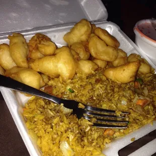 Sweet n sour chicken, vegetable fried rice