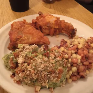 Fried Chicken, Broccoli Casserole, and Field Peas &amp; Corn