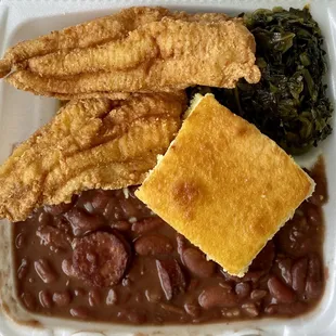 Red beans and rice, fried catfish, greens, &amp; corn bread