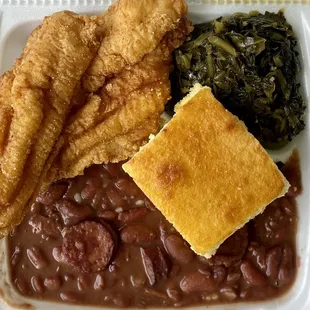 Red beans and rice, fried catfish, greens, &amp; cornbread