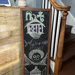 a chalkboard sign