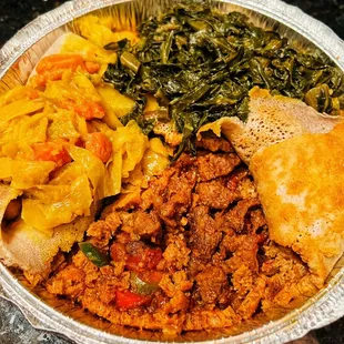 Yebere Tibs -- Spicy Beef Tibs Combo w/ Collard Greens (Gomen Wot) & Cabbage (Atkilt Alicha).....Thumbs Up!!!