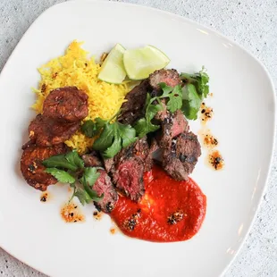 Hanger Steak with Fried Plantains and Saffron Rice