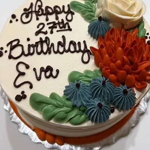 a birthday cake decorated with flowers