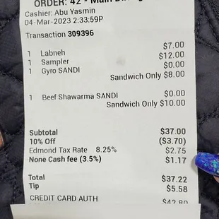 The receipt- the 10% off is for military discount