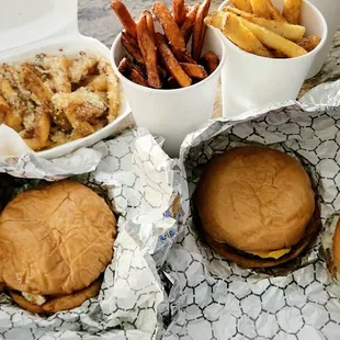 Triple burger, morning burger, Swiss mushroom burger and single burger.