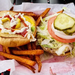 Turkey burger without cheese, and with everything else and sweet potato fries