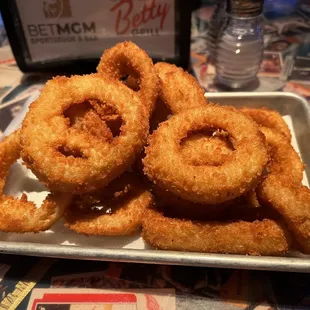 Side of onion rings. Fresh and crispy
