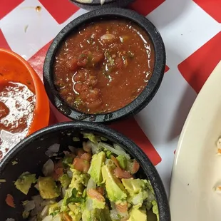 Handmade guacamole, salsa and queso dip