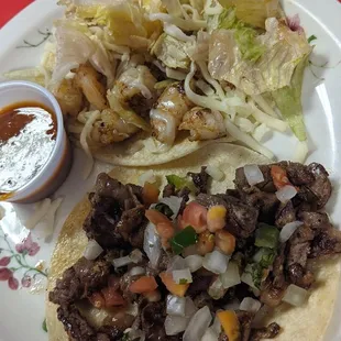 Carne Asada and shrimp taco