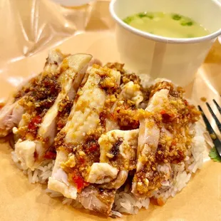 Steamed Chicken Over Rice ( with Thai ginger sauce on) $10.95