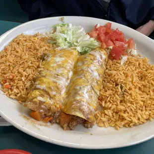 Beef Chiladas, double rice...has potatoes and carrots as a filler.