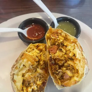 Special breakfast burrito comes with ham, bacon, hot link, hash browns and eggs