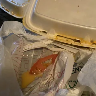 All of the food that spilled out on the boxes and bag.