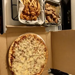 a pizza and french fries