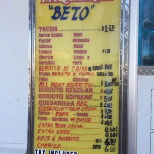 Bentos Taco Truck Menu