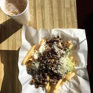 Carne asada fries and horchata