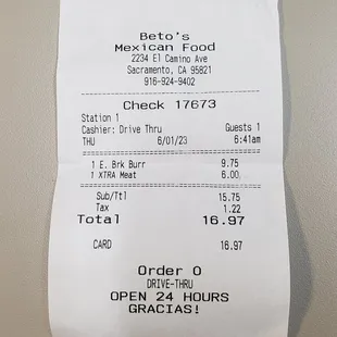 The $17.00 Breakfast Burrito Receipt,... Note $6.00 for Ham.
