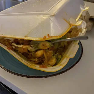 Box came out of bag torn and hardly any shrimp even if I could eat it.