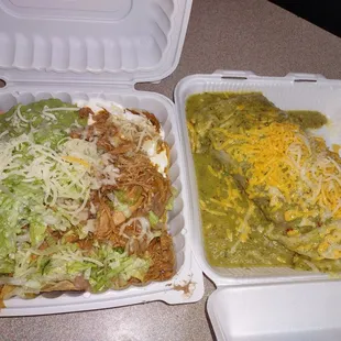 Shredded chicken super nachos and wet green burrito!