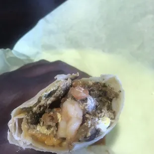 The Steak Breakfast Burrito Added Shrimp..Very Good