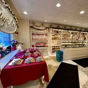 Table and shelves of chocolates