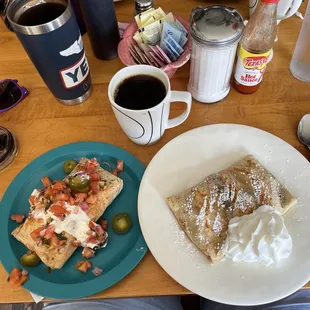 One sweet, one savory crêpe, and coffee