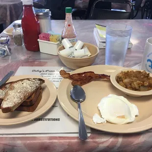 Betsy's breakfast special with potatoes substituted for grits and coffee