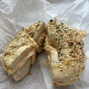 everything bagel toasted with cajun cream cheese