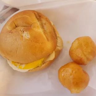 Egg&amp;cheese on a bagel  - Free donut holes!