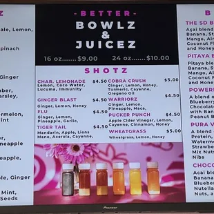 a variety of juices on a menu