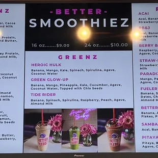 a menu for a smoothie