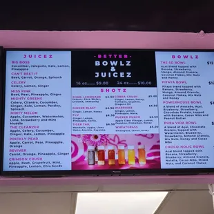 Juice and bowl menu