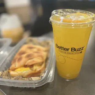 Mimosa and breakfast sandwich