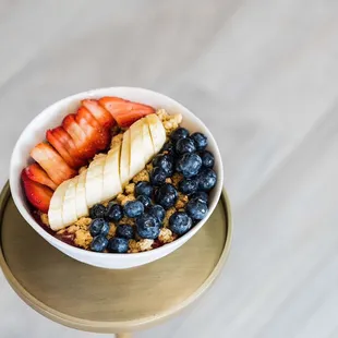 OG Acai Bowl - Organic Acai topped with vanilla almond granola, fresh strawberries, blueberries &amp; bananas + honey drizzle.