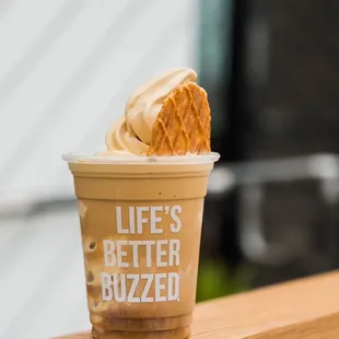 Cold Brew Float made with single origin cold brew + Best Drink Ever® soft serve&amp; topped with a butter waffle cookie!