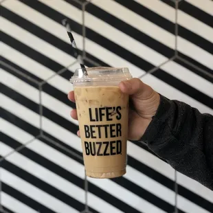 The striped concrete hexagon tiles on our espresso bar makes for the best ice coffee backdrop!