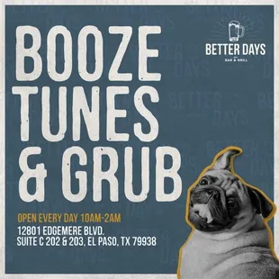 booze tunes and grub