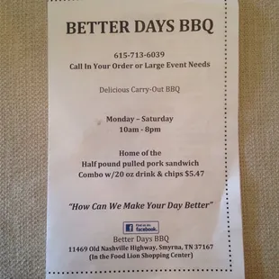 a menu for a bbq