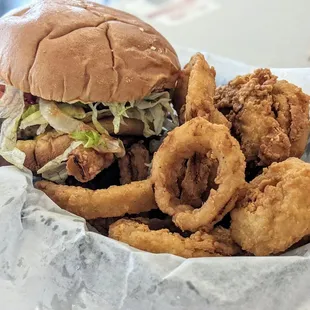 HWY55 cheeseburger with onion rings